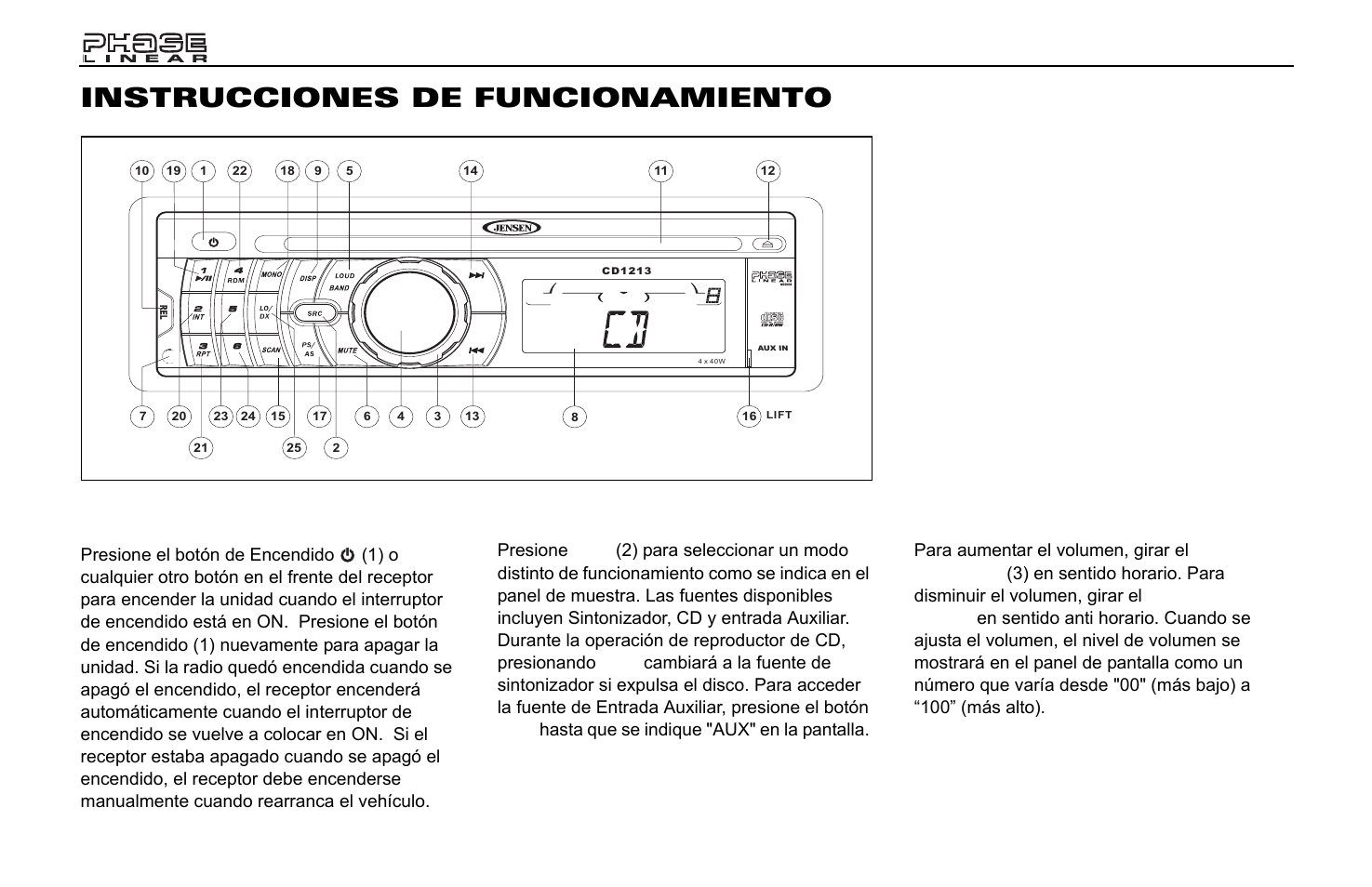 Instrucciones de funcionamiento, Encendido, Fuente | Volumen | Jensen Phase Linear CD1213 User Manual | Page 16 / 46