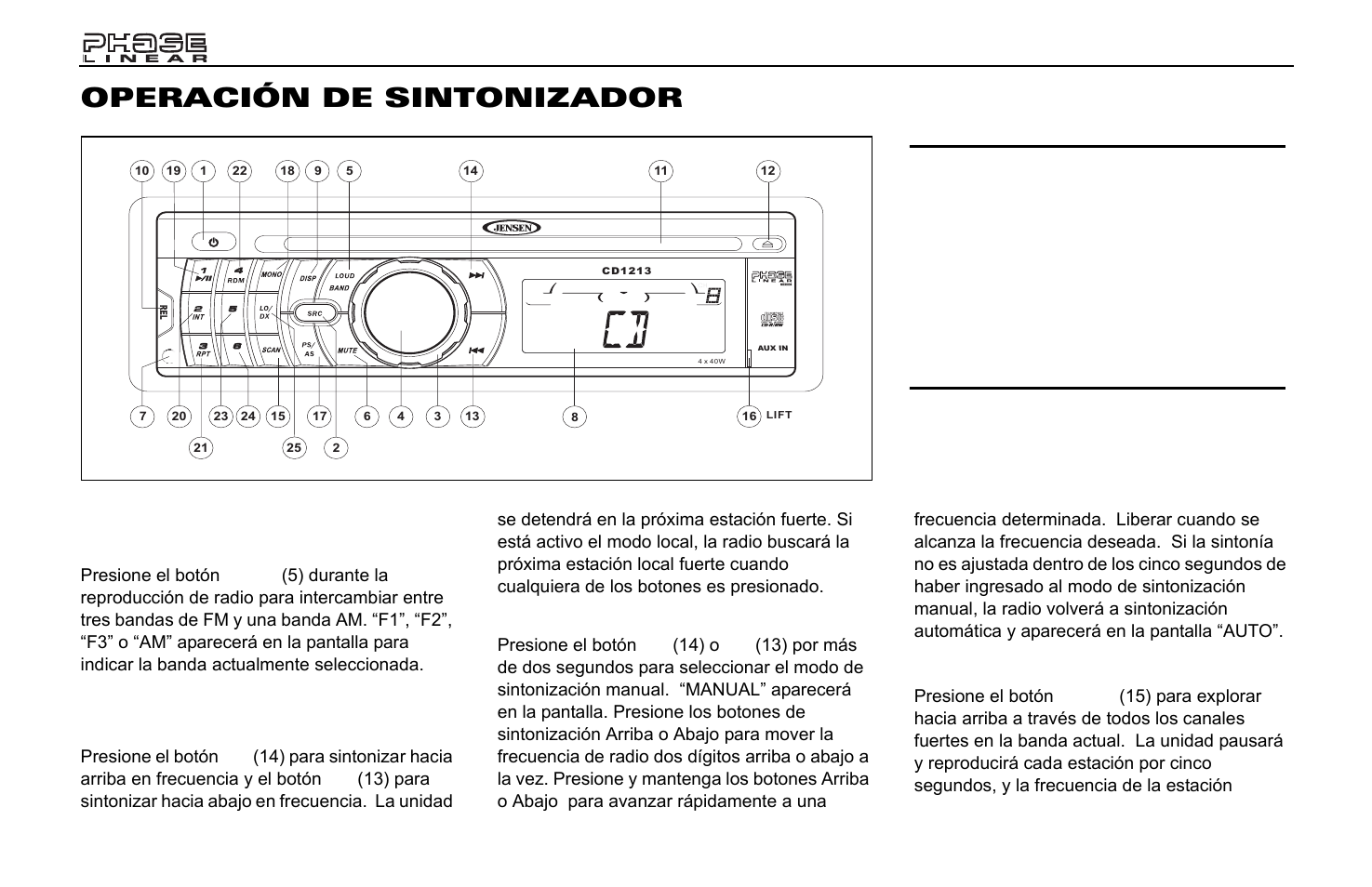 Operación de sintonizador, Selector de banda am/fm (band), Sintonizador | Exploración de sintonía (scan) | Jensen Phase Linear CD1213 User Manual | Page 20 / 46