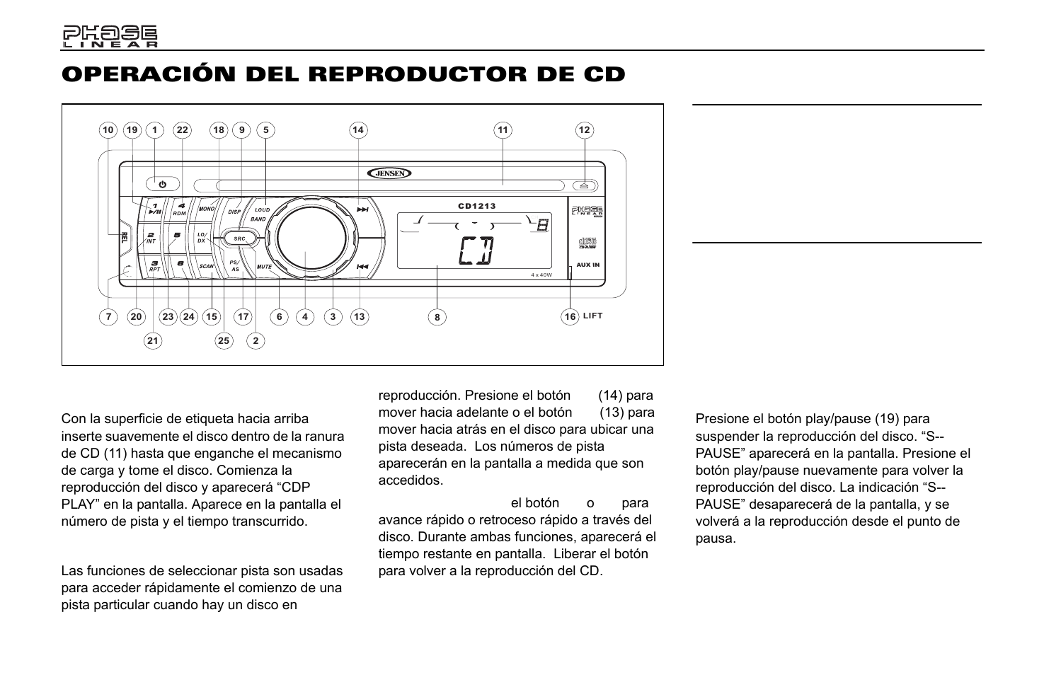 Operación del reproductor de cd, Insertar cd, Selección de pista | Reproduce/pausa | Jensen Phase Linear CD1213 User Manual | Page 22 / 46