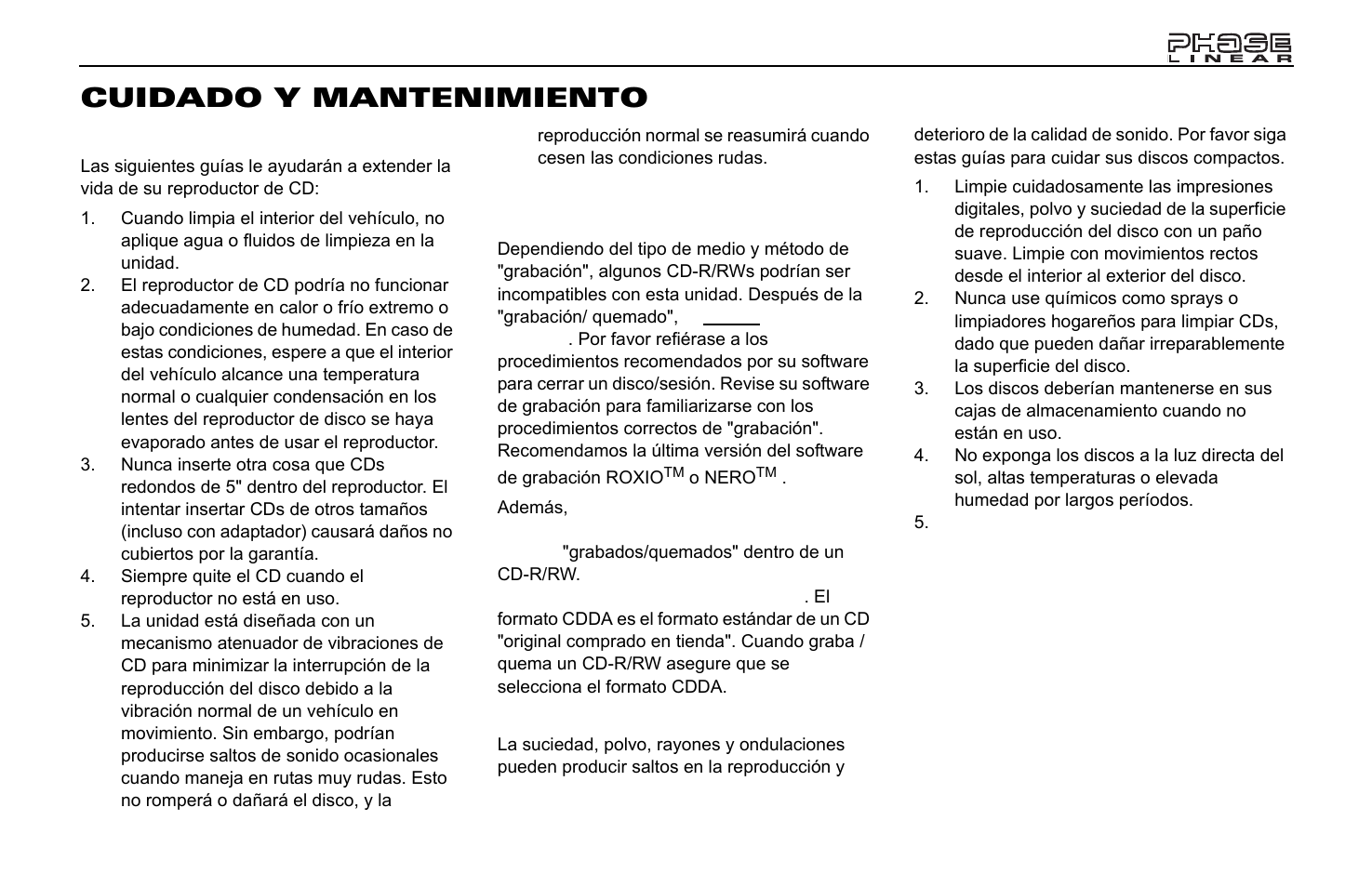 Cuidado y mantenimiento | Jensen Phase Linear CD1213 User Manual | Page 25 / 46