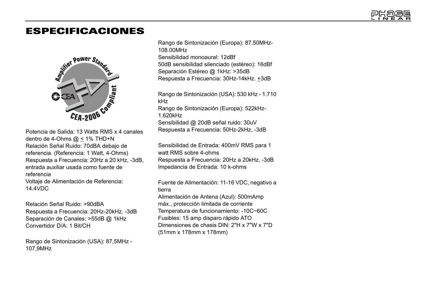 Especificaciones | Jensen Phase Linear CD1213 User Manual | Page 27 / 46