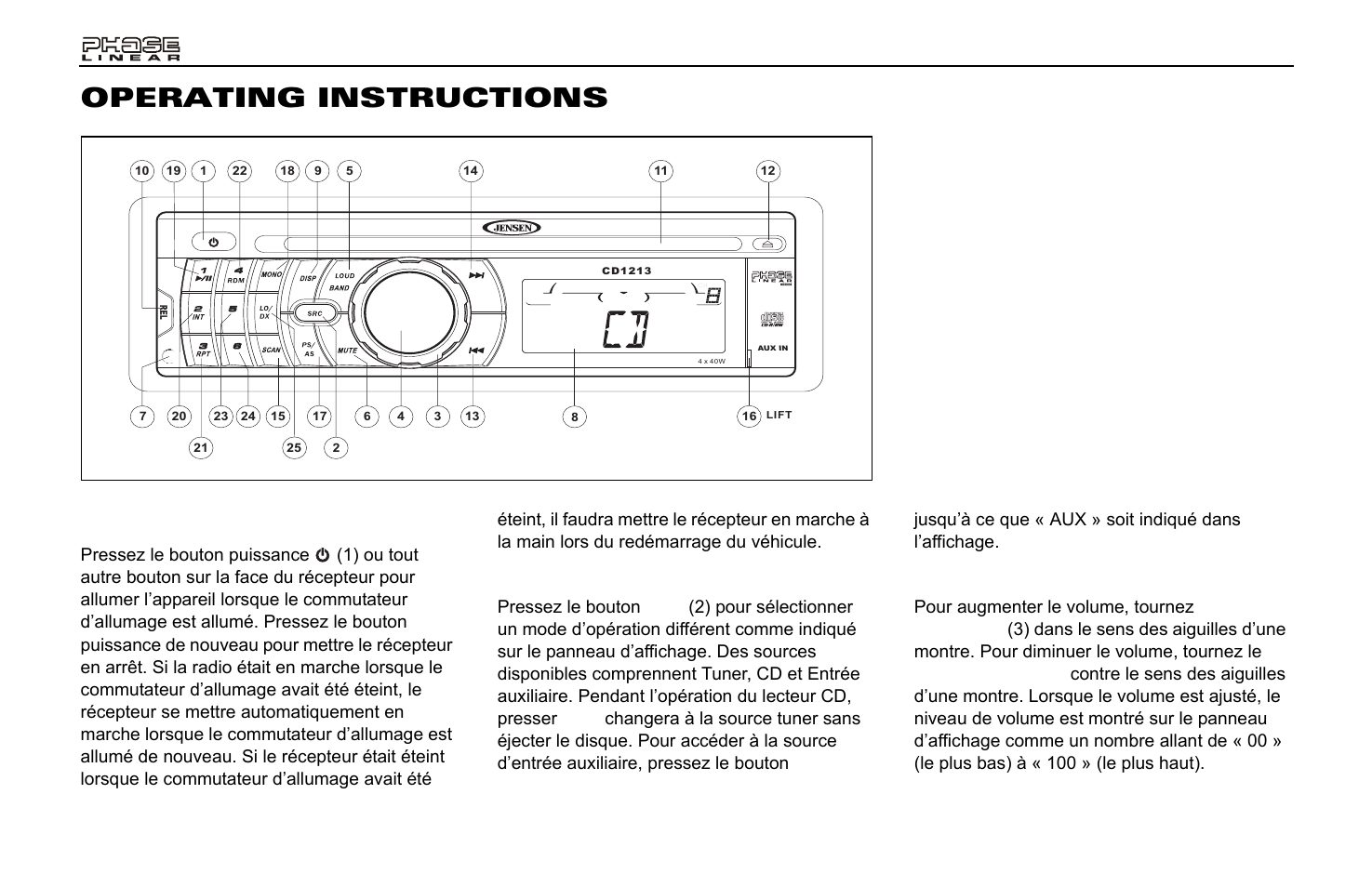 Operating instructions, Puissance, Source | Volume | Jensen Phase Linear CD1213 User Manual | Page 30 / 46