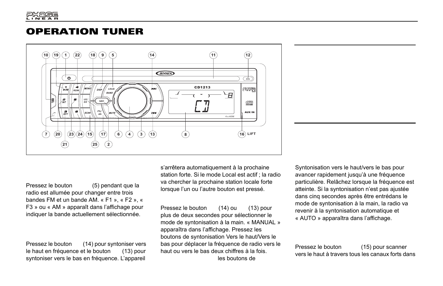 Operation tuner, Sélecteur de bande am/fm (band), Syntonisation | Syntonisation par scannage (scan) | Jensen Phase Linear CD1213 User Manual | Page 34 / 46