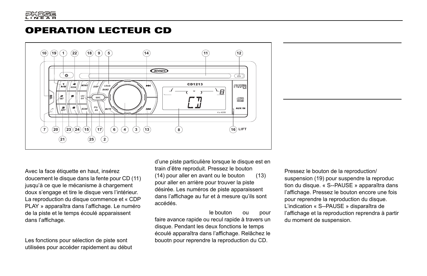 Operation lecteur cd, Insérer le cd, Sélection de piste | Reproduction/suspension | Jensen Phase Linear CD1213 User Manual | Page 36 / 46
