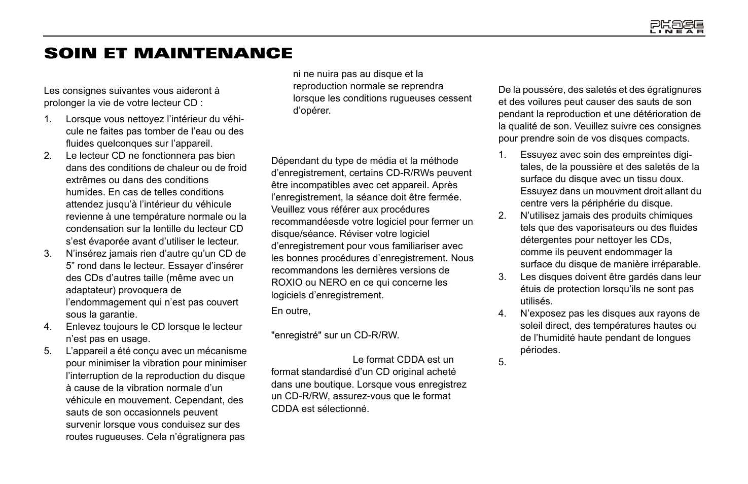 Soin et maintenance | Jensen Phase Linear CD1213 User Manual | Page 39 / 46