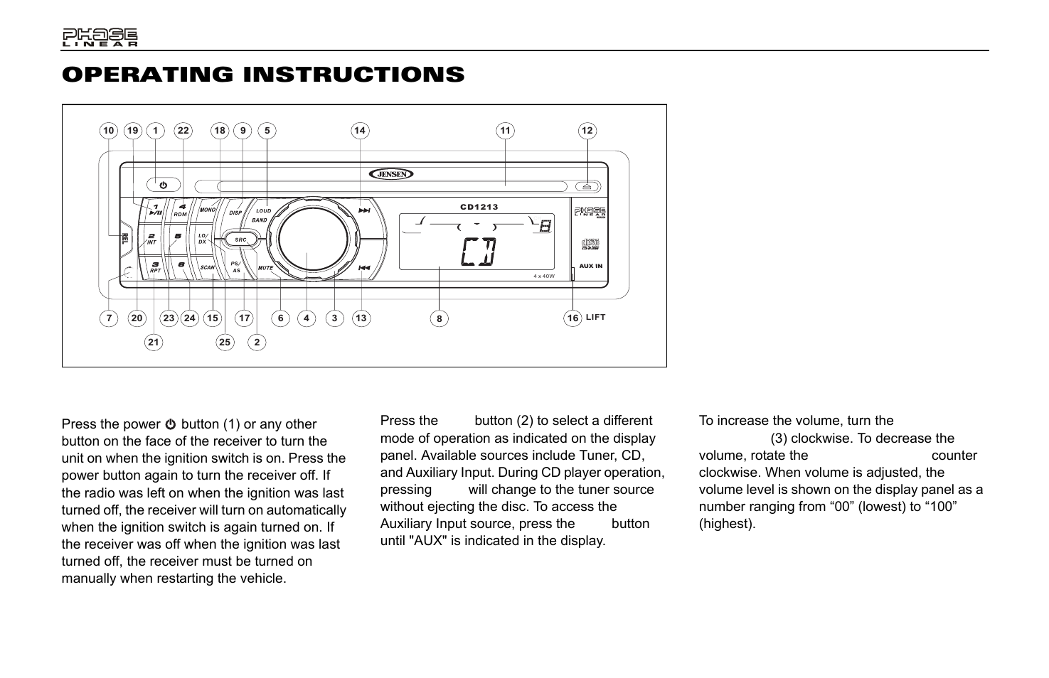 Operating instructions, Power, Source | Volume | Jensen Phase Linear CD1213 User Manual | Page 4 / 46