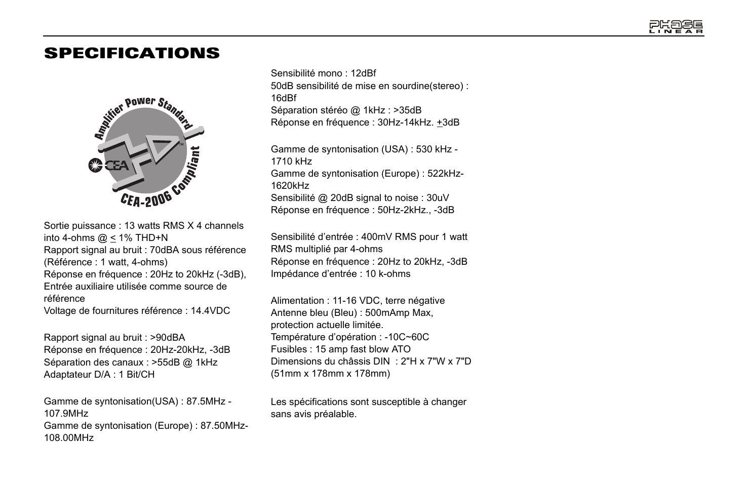 Specifications | Jensen Phase Linear CD1213 User Manual | Page 41 / 46