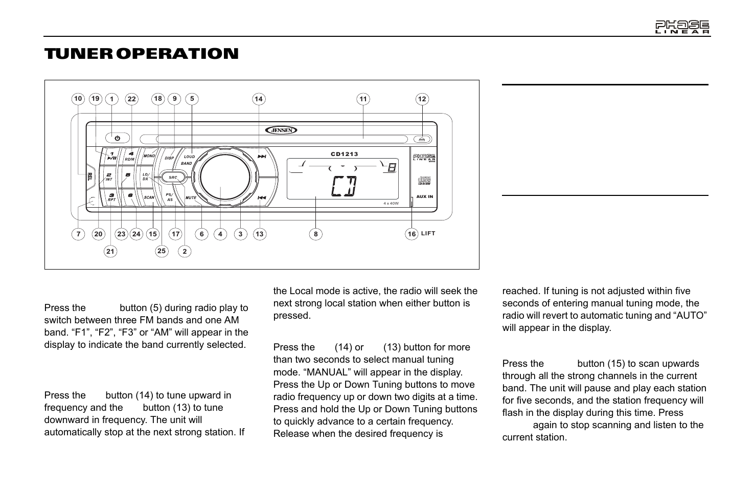 Tuner operation, Am/fm band selector (band), Tuning | Scan tuning (scan) | Jensen Phase Linear CD1213 User Manual | Page 7 / 46