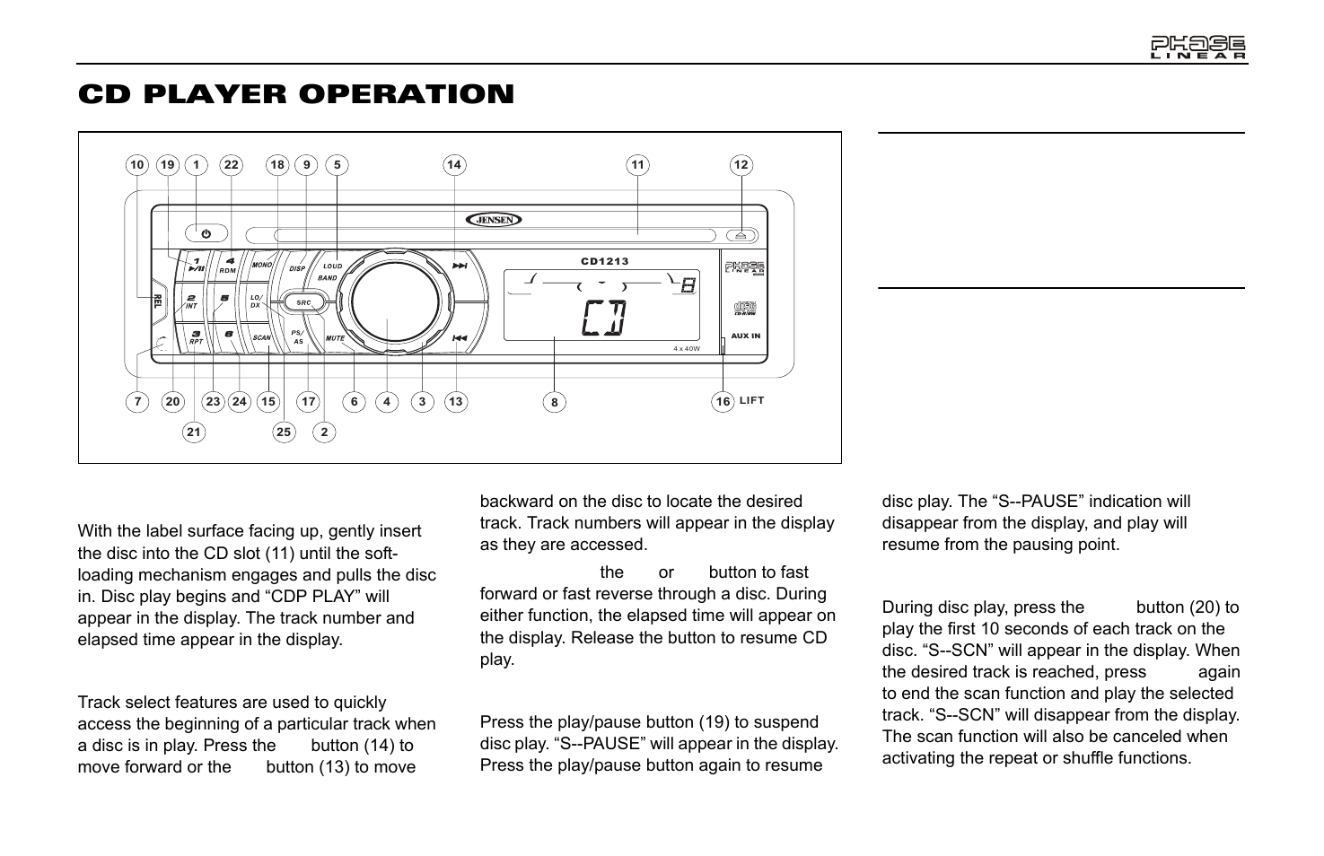 Cd player operation, Insert cd, Track select | Play/pause, Disc intro scan (int) | Jensen Phase Linear CD1213 User Manual | Page 9 / 46
