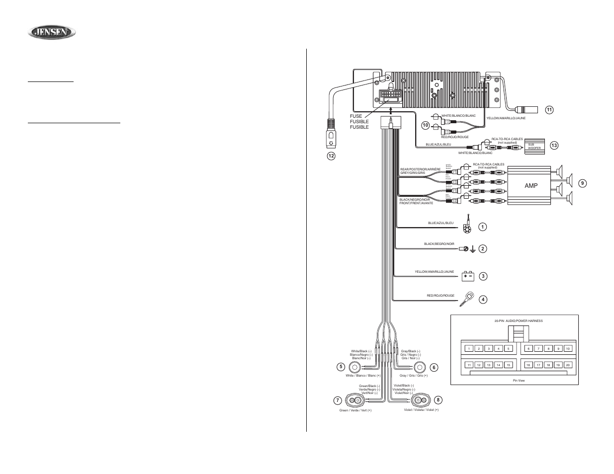 Mp8610bt, Wiring, Fuses | Reconnect battery, Connect wires, Wiring diagram / color codes | Jensen MP8610BT User Manual | Page 8 / 61