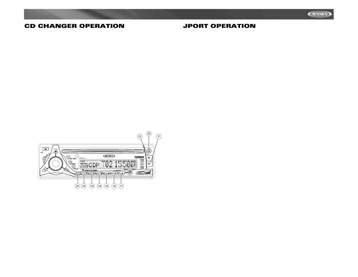 Mp6211, Cd changer operation, Jport operation | Jensen MP6211 User Manual | Page 17 / 52