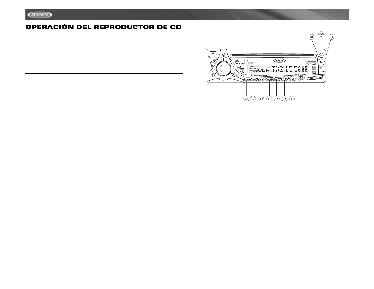Mp6211, Operación del reproductor de cd | Jensen MP6211 User Manual | Page 30 / 52
