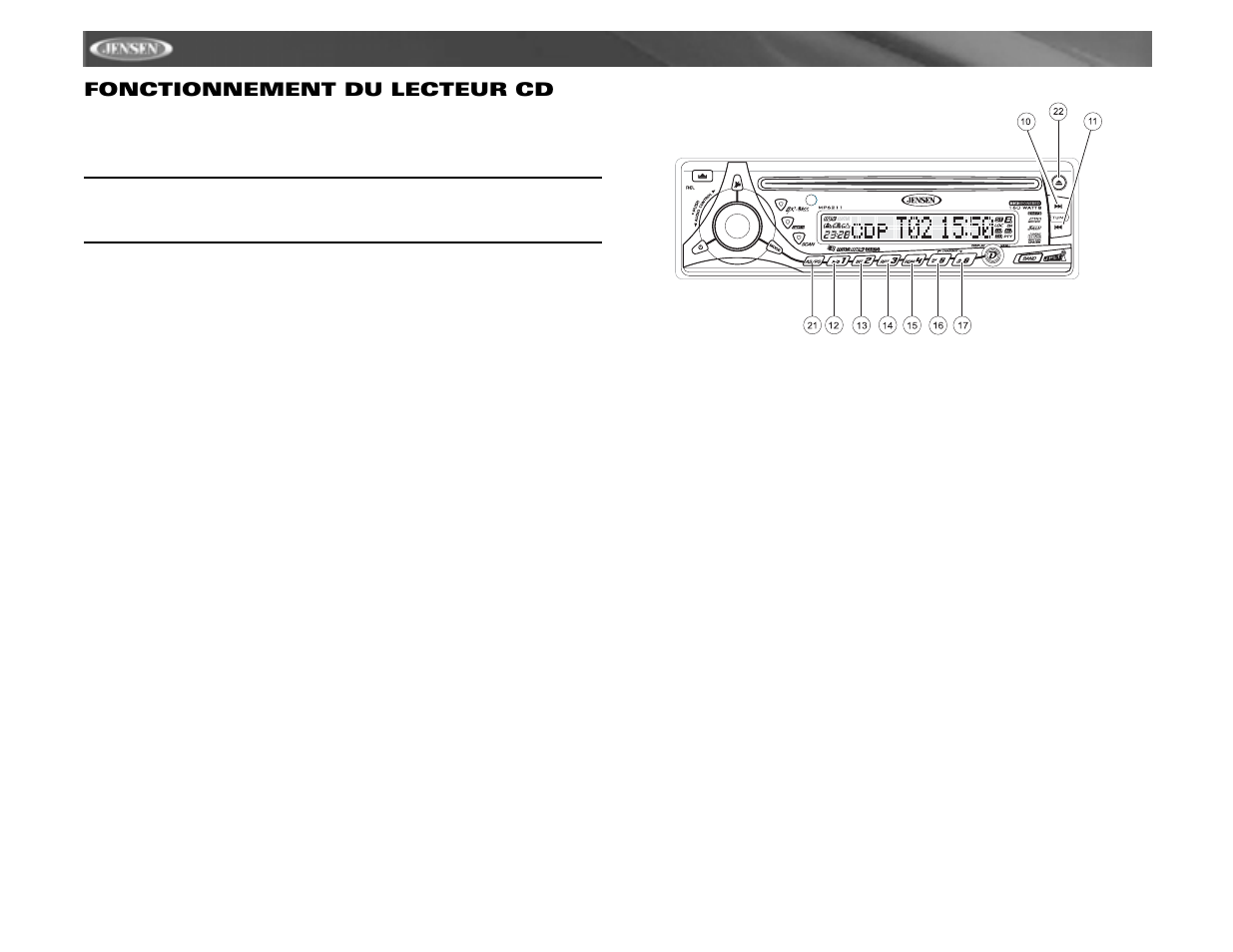 Mp6211, Fonctionnement du lecteur cd | Jensen MP6211 User Manual | Page 46 / 52