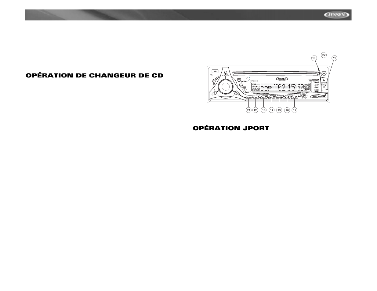 Mp6211, Opération de changeur de cd, Opération jport | Jensen MP6211 User Manual | Page 49 / 52