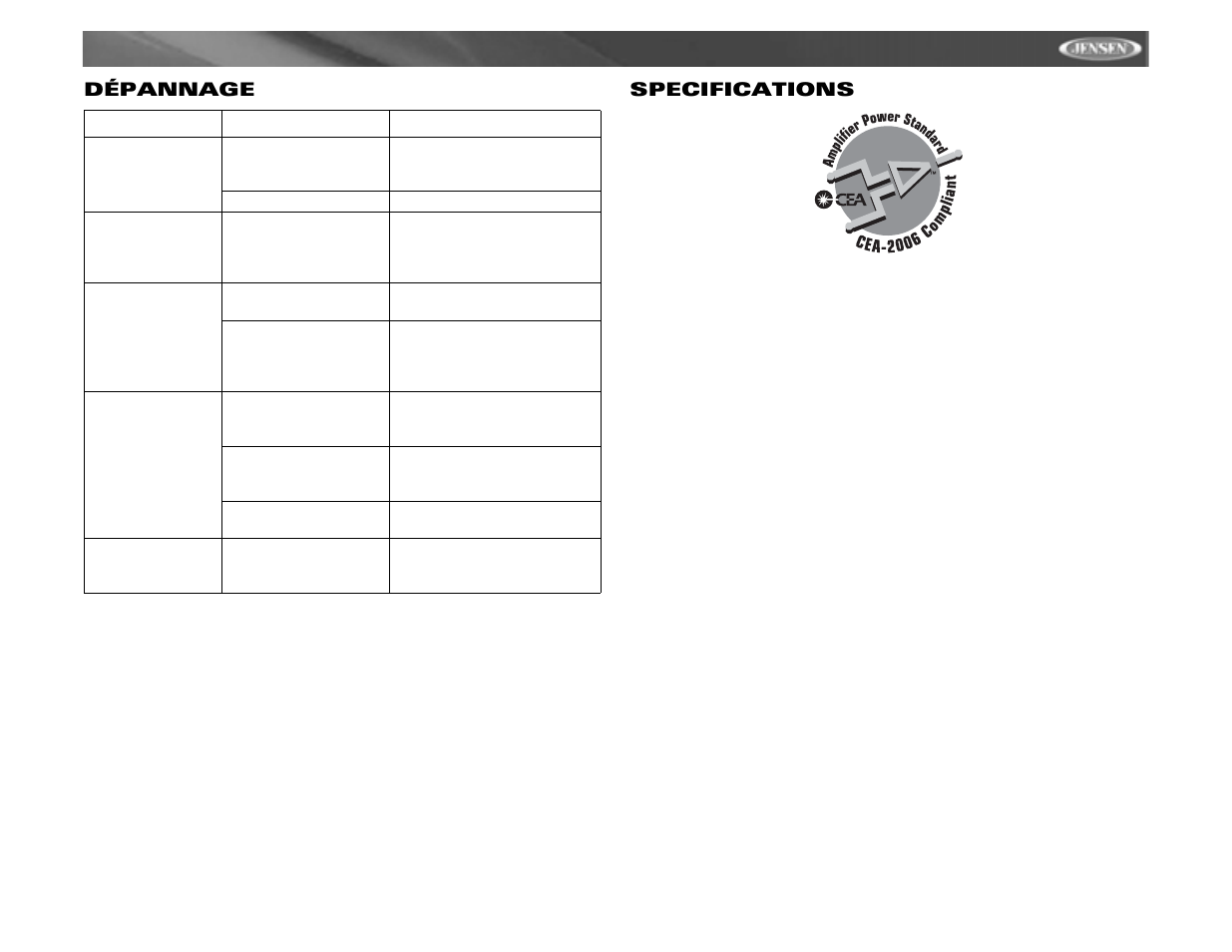 Mp6211, Dépannage specifications | Jensen MP6211 User Manual | Page 51 / 52