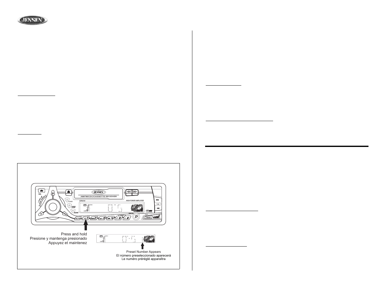 Cr1610, Tuner operation (continued), Operación del radio (continuado) | Opération de la radio (continué) | Jensen CR1610 User Manual | Page 14 / 22