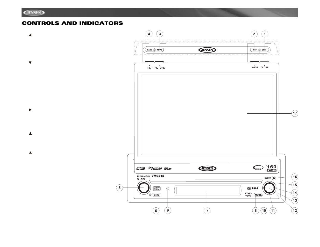Vm9312 controls and indicators | Jensen VM9312 User Manual | Page 10 / 36