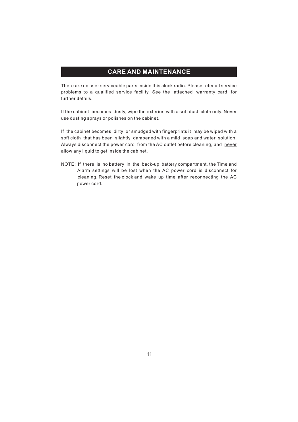 Care and maintenance | Jensen KT2056 User Manual | Page 12 / 13