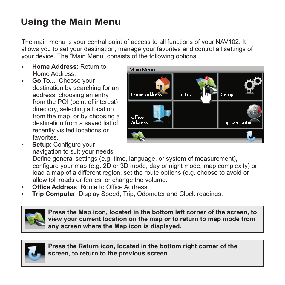 Using the main menu | Jensen NAV102 User Manual | Page 10 / 54
