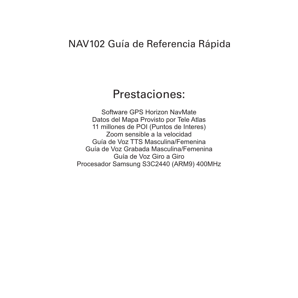 Prestaciones, Nav102 guía de referencia rápida | Jensen NAV102 User Manual | Page 19 / 54