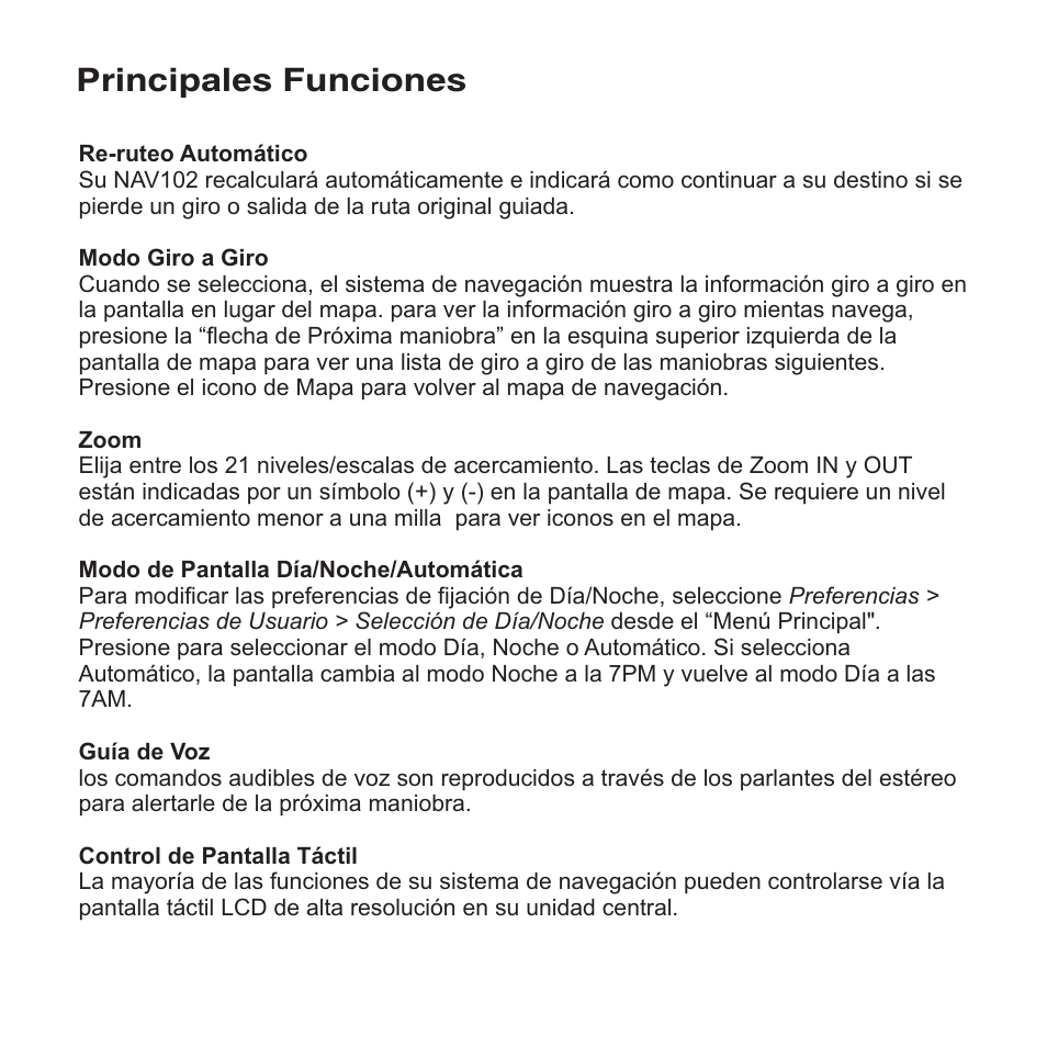 Principales funciones | Jensen NAV102 User Manual | Page 23 / 54