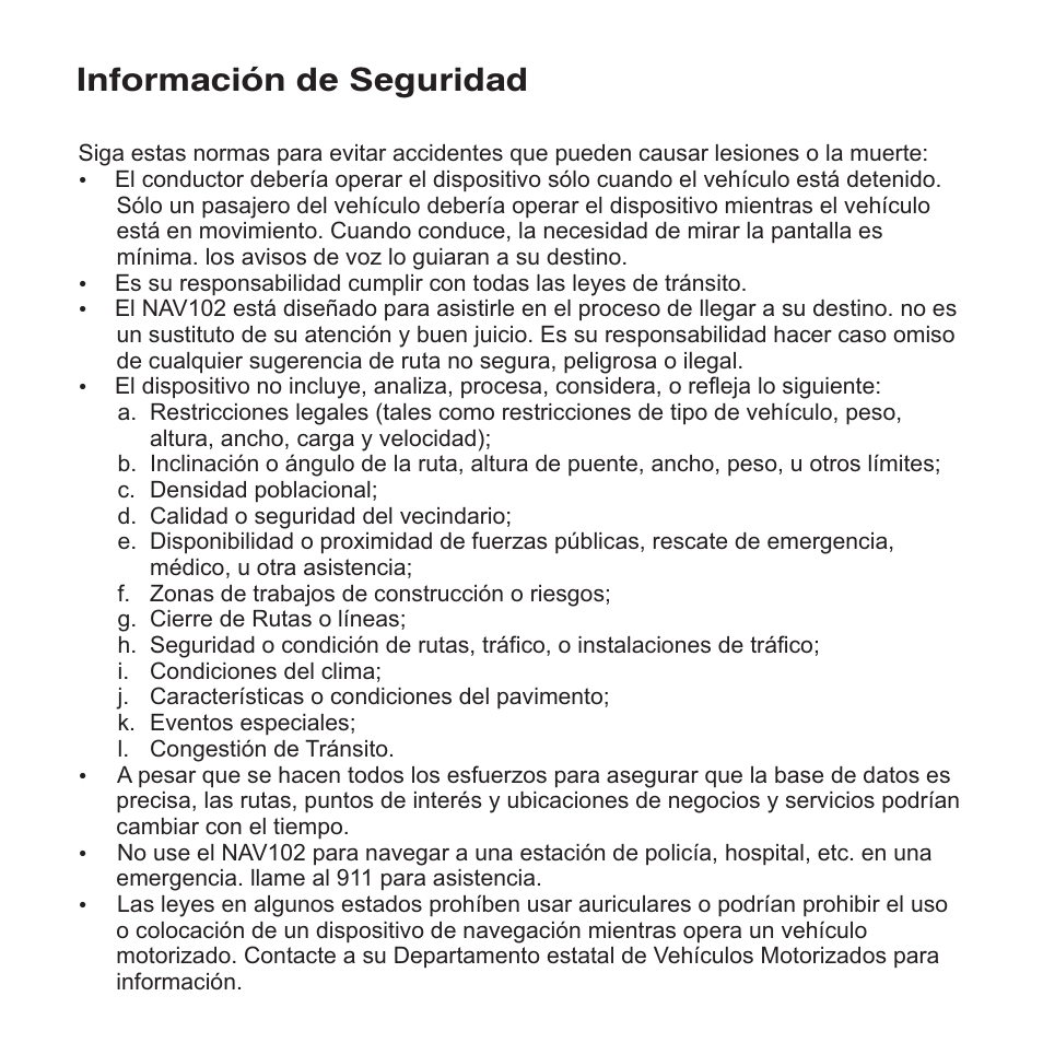 Información de seguridad | Jensen NAV102 User Manual | Page 24 / 54