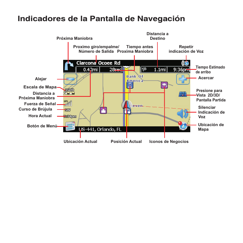 Indicadores de la pantalla de navegación | Jensen NAV102 User Manual | Page 26 / 54