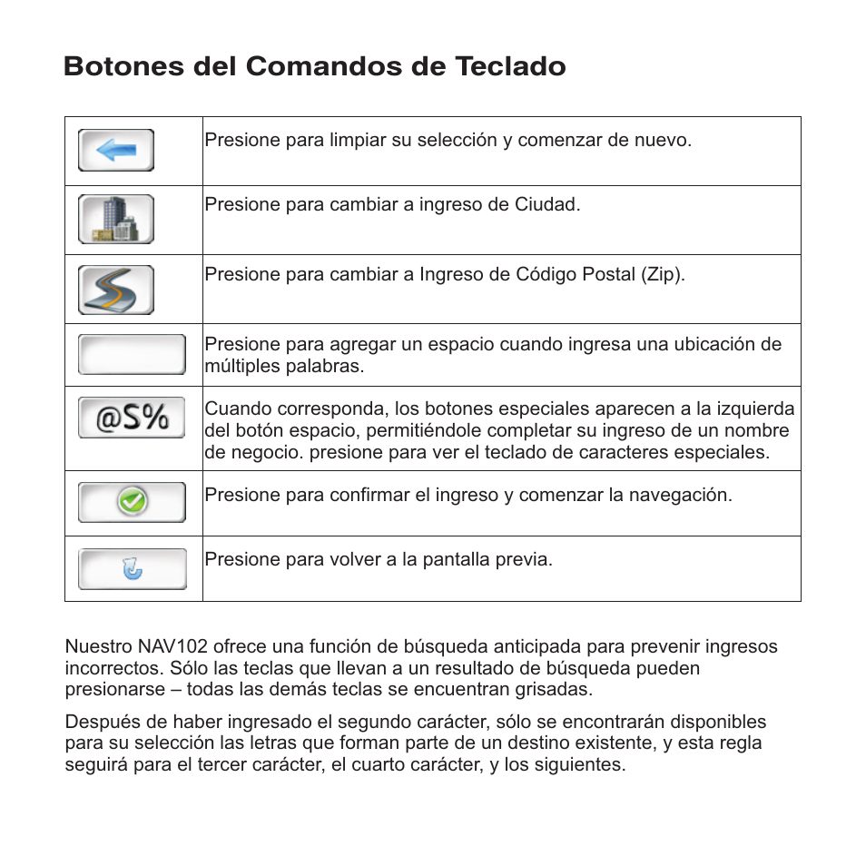 Botones del comandos de teclado | Jensen NAV102 User Manual | Page 27 / 54