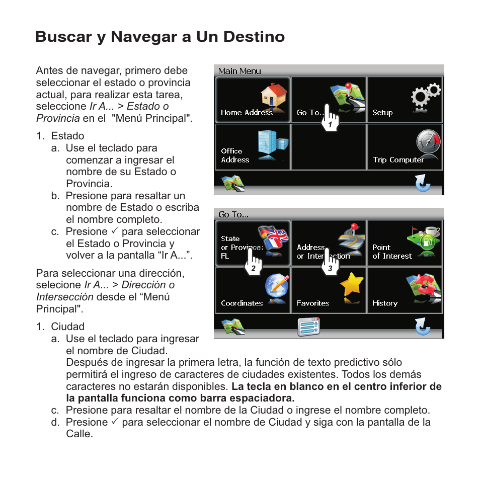 Buscar y navegar a un destino | Jensen NAV102 User Manual | Page 30 / 54