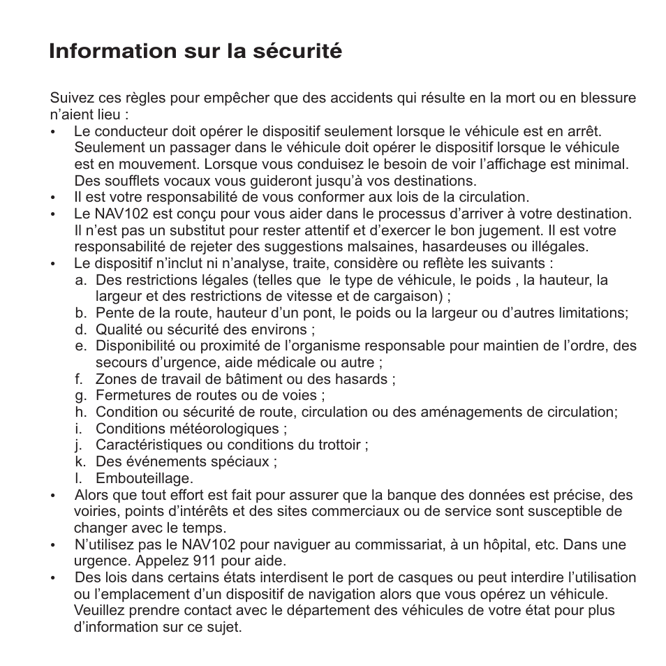 Information sur la sécurité | Jensen NAV102 User Manual | Page 41 / 54
