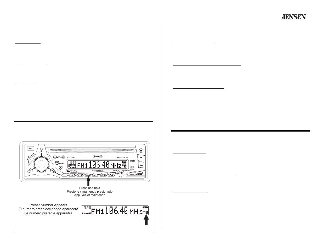 Cd3610, Tuner operation (continued), Operación de la radio (continuado) | Fonctionnement de la radio (continué) | Jensen CD3610 User Manual | Page 15 / 21