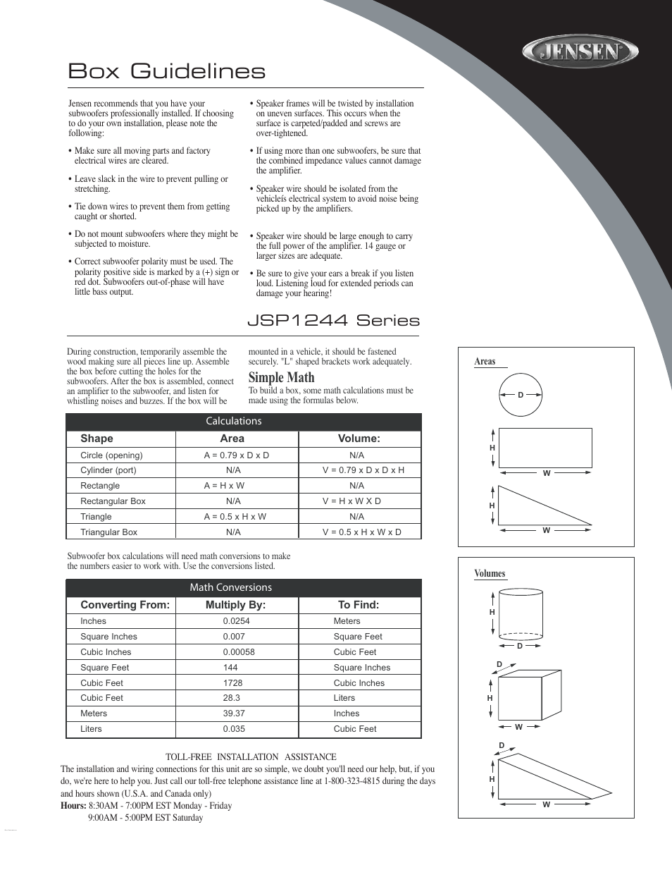 Box guidelines, Jsp1244 series, Simple math | Jensen JSP1244 User Manual | Page 2 / 4
