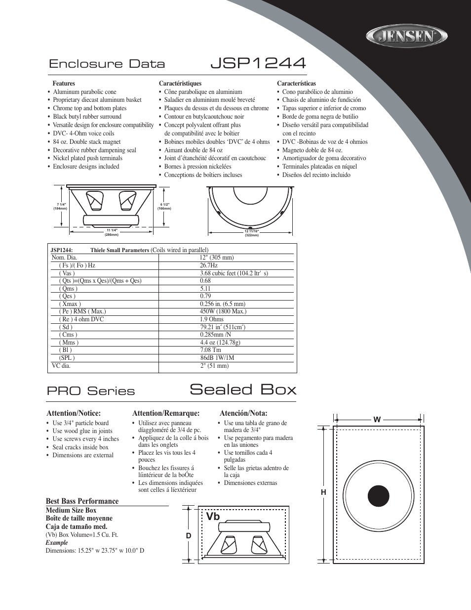 Sealed box, Jsp1244, Enclosure data pro series | Jensen JSP1244 User Manual | Page 3 / 4