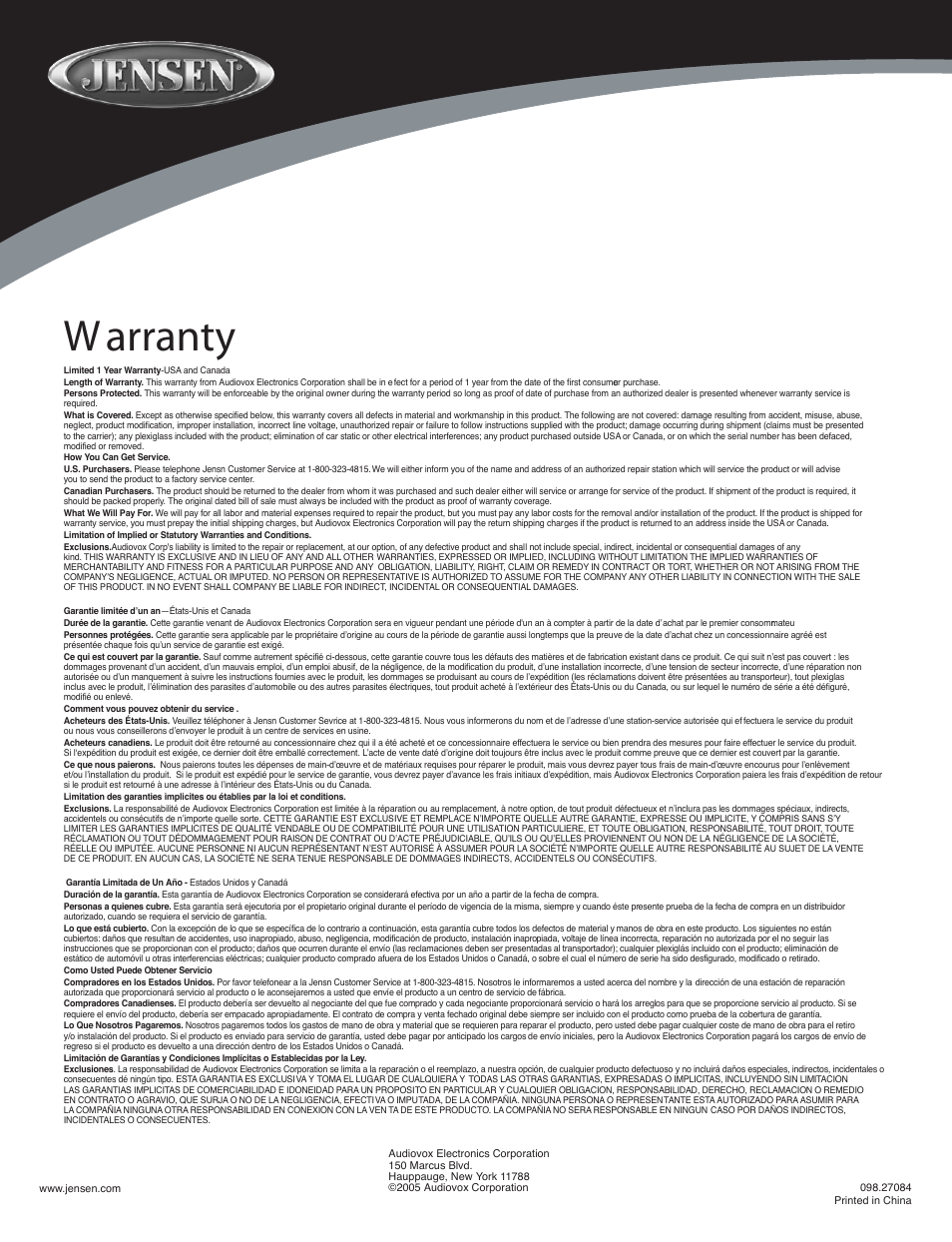 W arranty | Jensen JSP1244 User Manual | Page 4 / 4