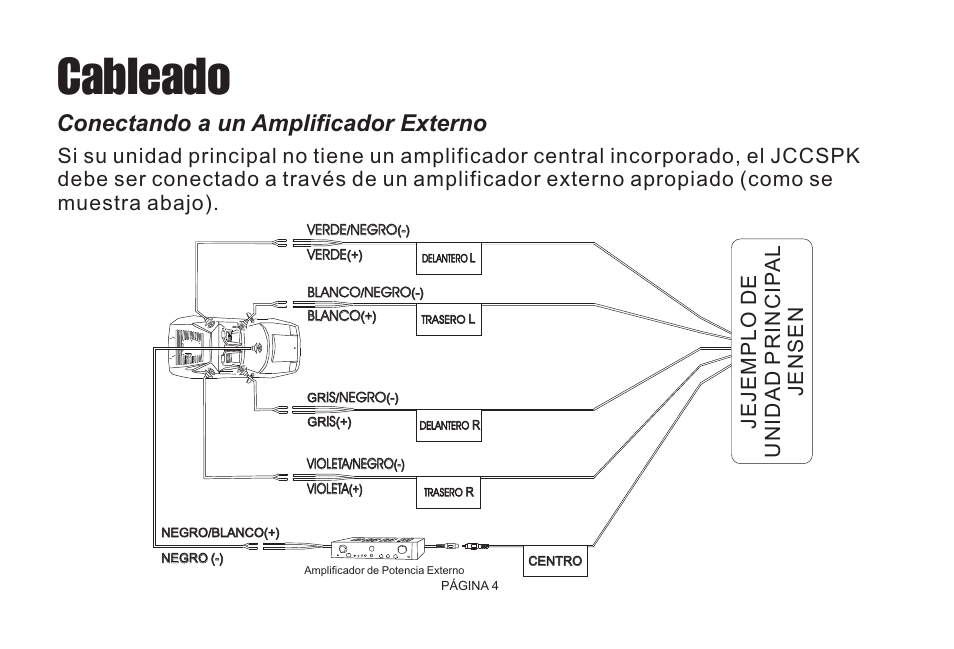 Cableado, Conectando a un amplificador externo | Jensen JCCSPK User Manual | Page 12 / 20