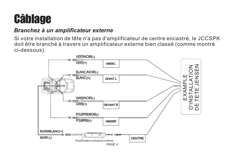 Câblage, Branchez à un amplificateur externe | Jensen JCCSPK User Manual | Page 18 / 20
