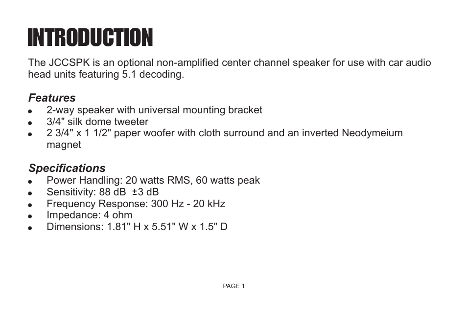 Introduction | Jensen JCCSPK User Manual | Page 3 / 20