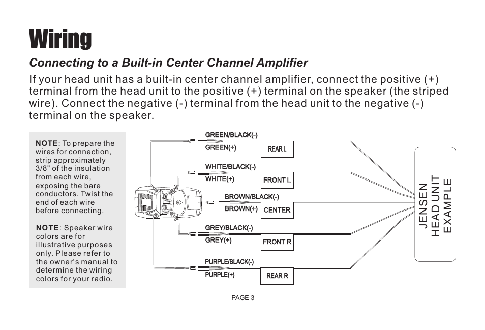 Wiring, Connecting to a built-in center channel amplifier | Jensen JCCSPK User Manual | Page 5 / 20