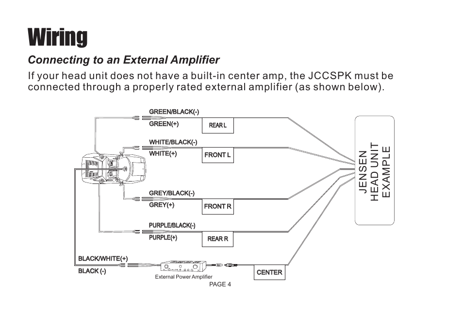 Wiring, Connecting to an external amplifier | Jensen JCCSPK User Manual | Page 6 / 20