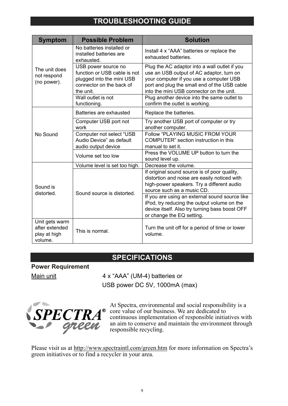 Troubleshooting guide, Specifications | Jensen SMPS-200 User Manual | Page 10 / 11