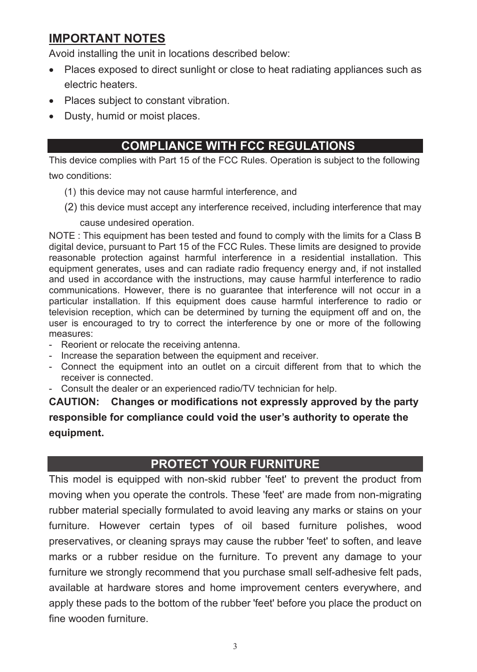 Compliance with fcc regulations, Protect your furniture | Jensen SMPS-200 User Manual | Page 4 / 11