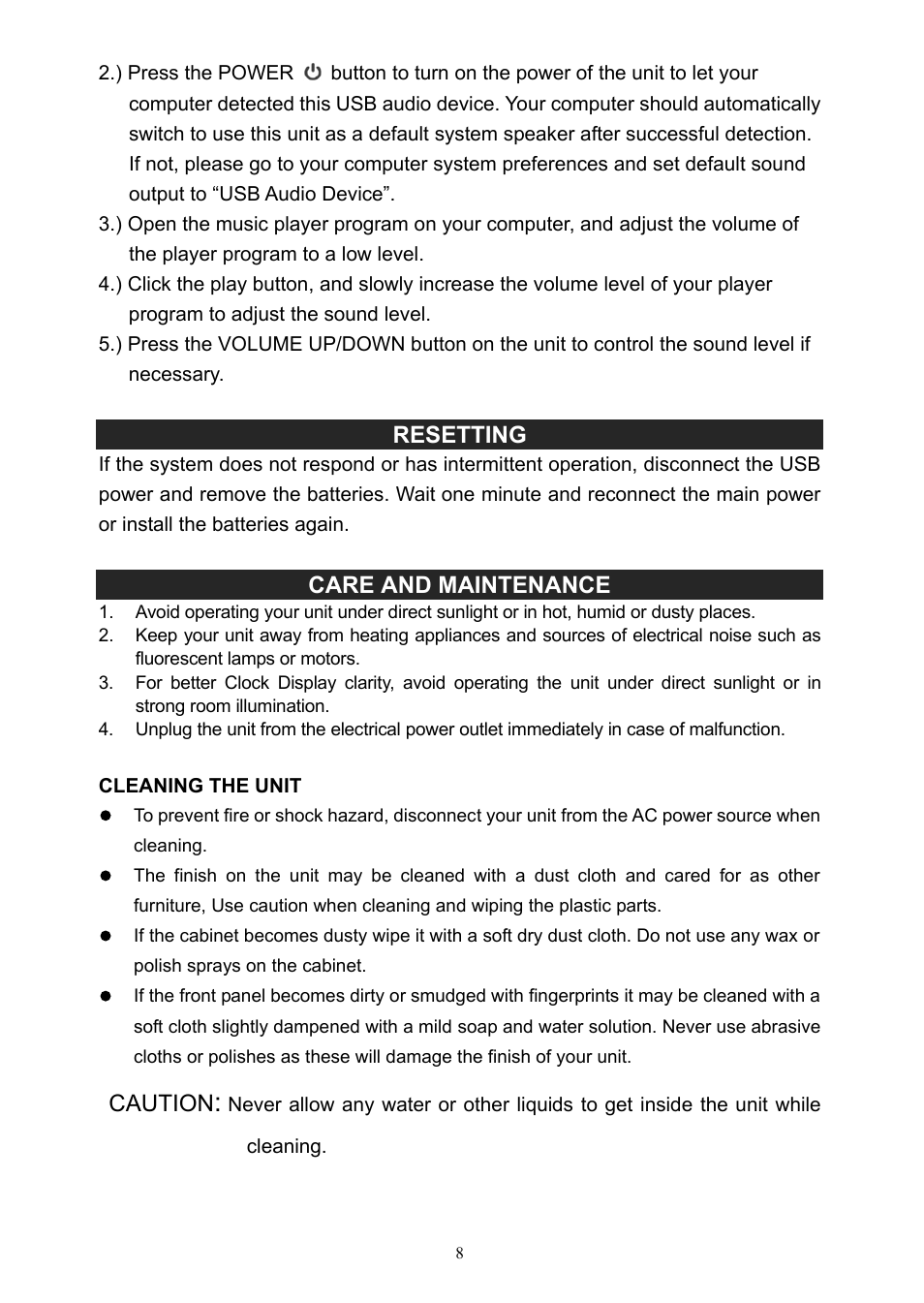 Resetting, Care and maintenance, Caution | Jensen SMPS-200 User Manual | Page 9 / 11