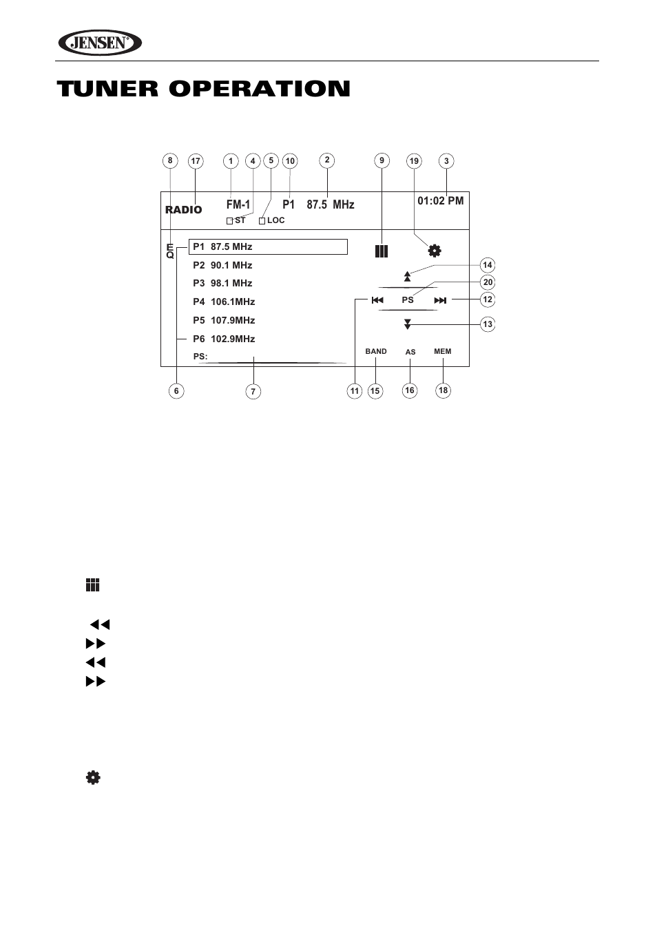 Tuner operation, Vm9114, Tuner tft display | Jensen VM9114 User Manual | Page 20 / 45
