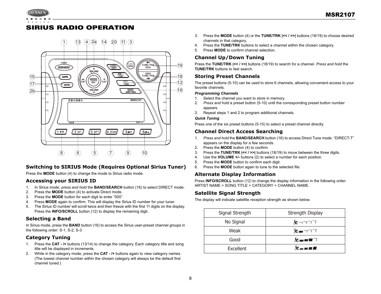 Msr2107, Sirius radio operation | Jensen MSR2107 User Manual | Page 10 / 44