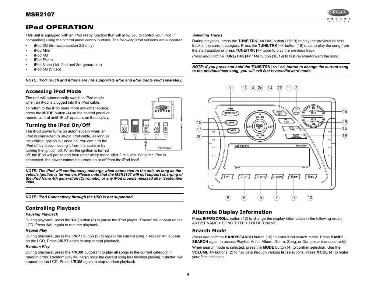 Msr2107, Ipod operation | Jensen MSR2107 User Manual | Page 11 / 44