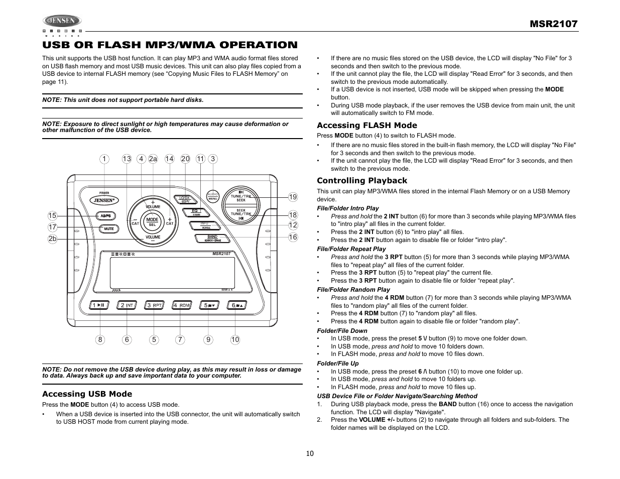 Msr2107, Usb or flash mp3/wma operation | Jensen MSR2107 User Manual | Page 12 / 44