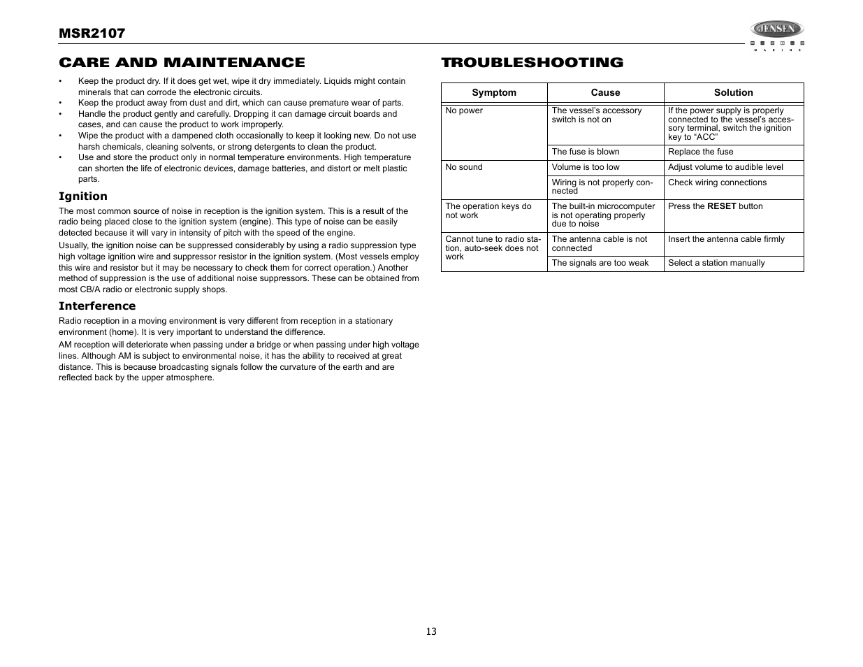 Msr2107, Care and maintenance, Troubleshooting | Jensen MSR2107 User Manual | Page 15 / 44
