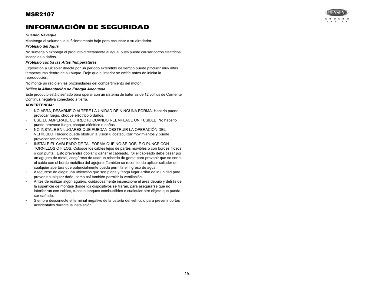 Msr2107, Información de seguridad | Jensen MSR2107 User Manual | Page 17 / 44