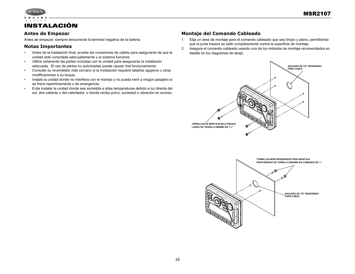 Msr2107, Instalación | Jensen MSR2107 User Manual | Page 18 / 44