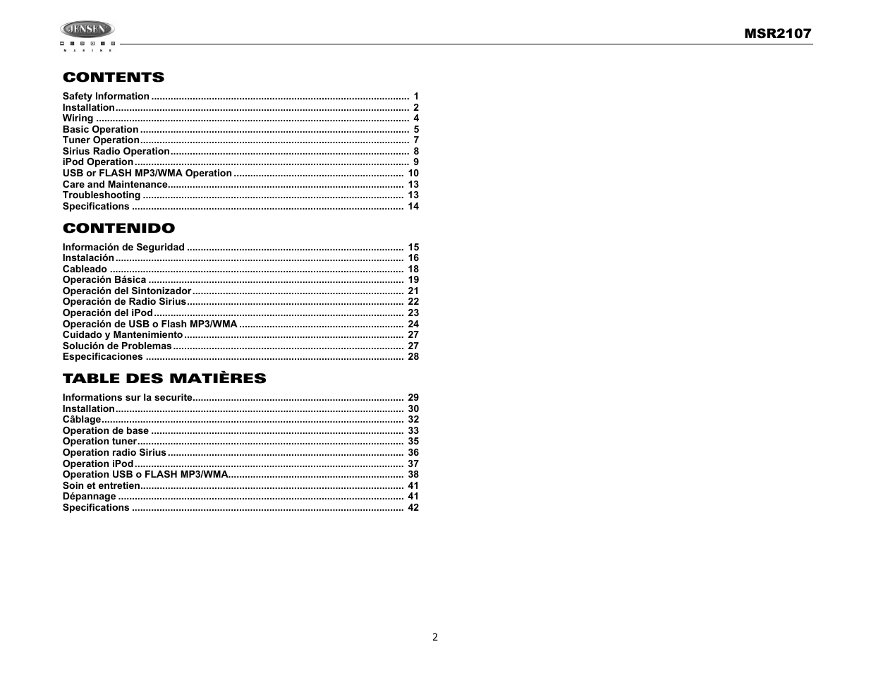 Jensen MSR2107 User Manual | Page 2 / 44